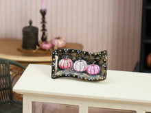 Load image into Gallery viewer, Pink Halloween Pumpkin Tray Miniature – Black &amp; Gold Wavy Platter with Three Pink Pumpkins – 1:12 Dollhouse OOAK Handmade Decor