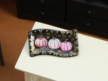 Load image into Gallery viewer, Pink Halloween Pumpkin Tray Miniature – Black &amp; Gold Wavy Platter with Three Pink Pumpkins – 1:12 Dollhouse OOAK Handmade Decor