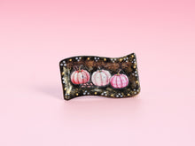 Load image into Gallery viewer, Pink Halloween Pumpkin Tray Miniature – Black &amp; Gold Wavy Platter with Three Pink Pumpkins – 1:12 Dollhouse OOAK Handmade Decor