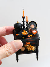 Load image into Gallery viewer, Halloween Gothic Side Table with Candy Bowl and Candlesticks – Customised Miniature Decor – OOAK 1:12 Scale