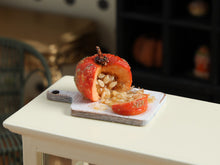 Load image into Gallery viewer, Cut-Open Pumpkin with Seeds on Rustic Chopping Board, 1:12 Dollhouse Miniature Food, OOAK