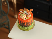 Load image into Gallery viewer, Pistachio &amp; Pumpkin Drip Cake - 12th scale Handmade Miniature Autumn Food