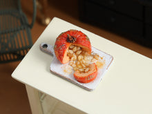 Load image into Gallery viewer, Cut-Open Pumpkin with Seeds on Rustic Chopping Board, 1:12 Dollhouse Miniature Food, OOAK