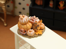 Load image into Gallery viewer, Autumn Bread, Bagels and Bretzels on Pumpkin Shaped Wooden Board - Handmade Miniature Food
