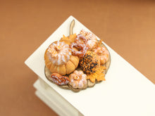 Load image into Gallery viewer, Autumn Bread, Bagels and Bretzels on Pumpkin Shaped Wooden Board - Handmade Miniature Food