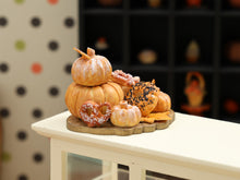 Load image into Gallery viewer, Autumn Bread, Bagels and Bretzels on Pumpkin Shaped Wooden Board - Handmade Miniature Food