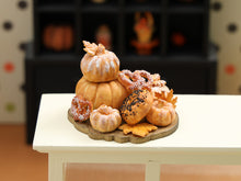 Load image into Gallery viewer, Autumn Bread, Bagels and Bretzels on Pumpkin Shaped Wooden Board - Handmade Miniature Food