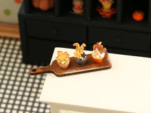 Load image into Gallery viewer, Autumn Cupcakes on Wooden Board - Leaf, Squirrel, Caramel Apple - Handmade Miniature Food for 12th Scale Dollhouse