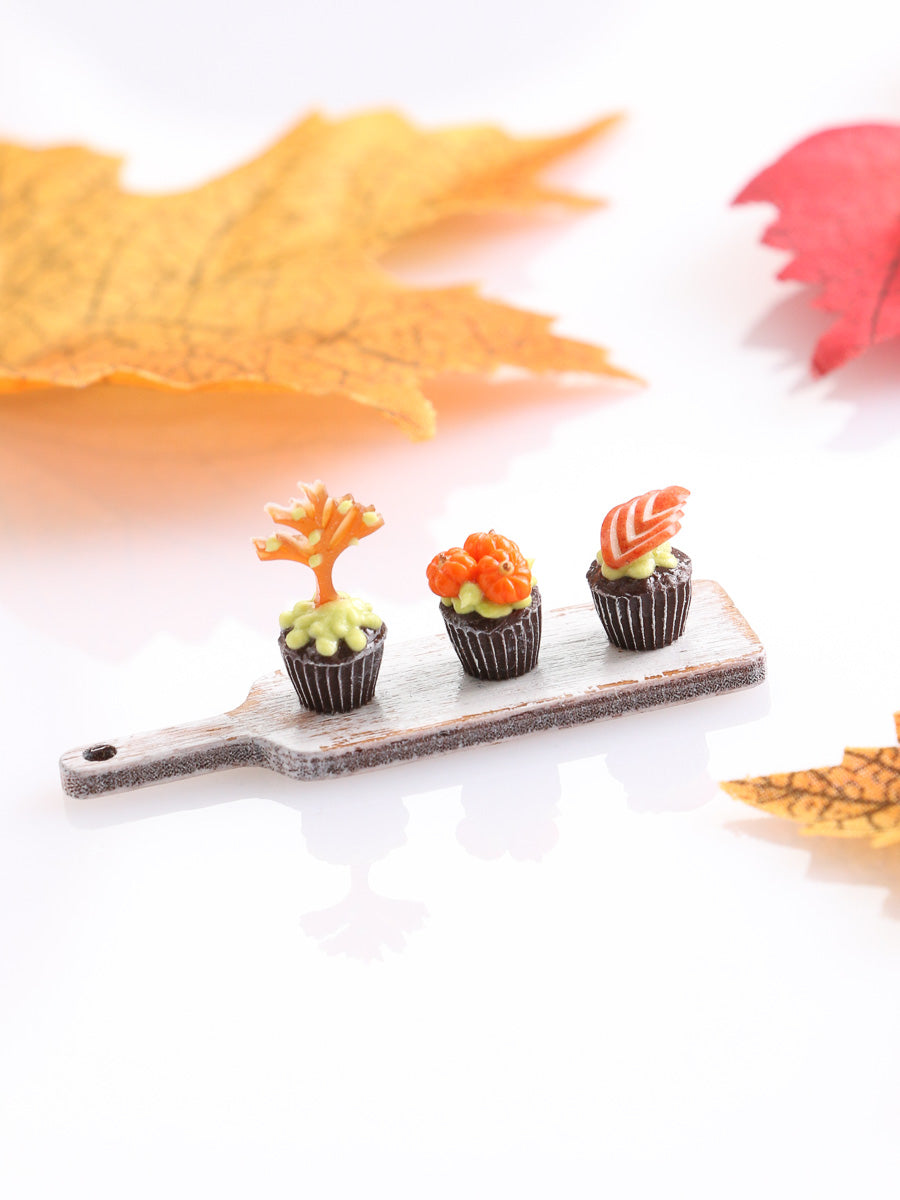 Autumn Cupcakes on Wooden Board - Autumn Tree, Pumpkins, Sliced Apple - Handmade Miniature Food for 12th Scale Dollhouse
