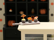 Load image into Gallery viewer, Autumn Cupcakes on Wooden Board - Autumn Tree, Pumpkins, Sliced Apple - Handmade Miniature Food for 12th Scale Dollhouse
