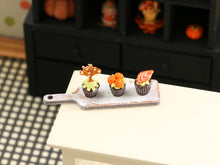 Load image into Gallery viewer, Autumn Cupcakes on Wooden Board - Autumn Tree, Pumpkins, Sliced Apple - Handmade Miniature Food for 12th Scale Dollhouse