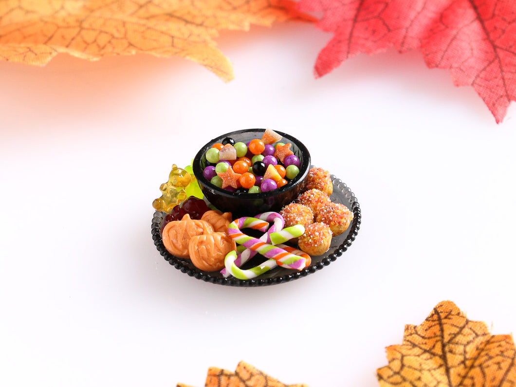 Plate & Bowl of Halloween Treats (Black) - 12th Scale Handmade Dollhouse Miniature