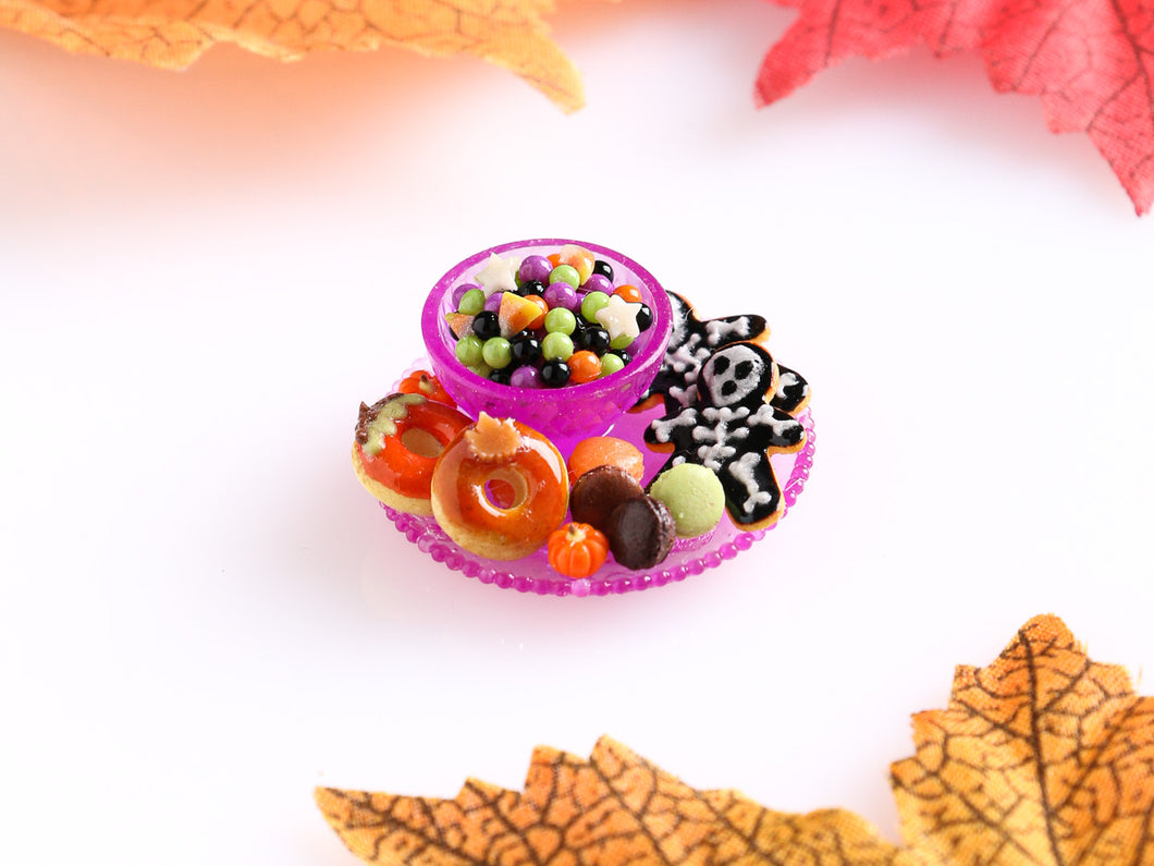 Plate & Bowl of Halloween Treats (Purple) - 12th Scale Handmade Dollhouse Miniature
