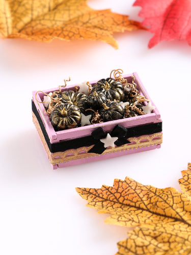 Pink Crate of Black & Gold Coloured Pumpkins with Glow in the Dark Stars - 12th Scale Handmade Dollhouse Miniature