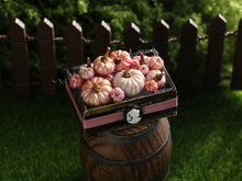 Load image into Gallery viewer, Halloween Crate of Pink and Gold Coloured Pumpkins - 12th Scale Handmade Dollhouse Miniature
