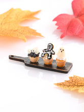 Load image into Gallery viewer, Three Spooky Halloween Cupcakes on Board (Glowing)- Handmade Miniature Food for 12th Scale Dollhouse