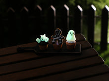 Load image into Gallery viewer, Three Spooky Halloween Cupcakes on Board (Glowing)- Handmade Miniature Food for 12th Scale Dollhouse