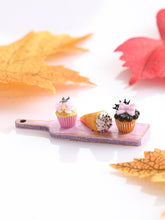 Load image into Gallery viewer, Halloween Cupcakes and Cream Horn on Pink Board - Handmade Miniature Food for 12th Scale Dollhouse