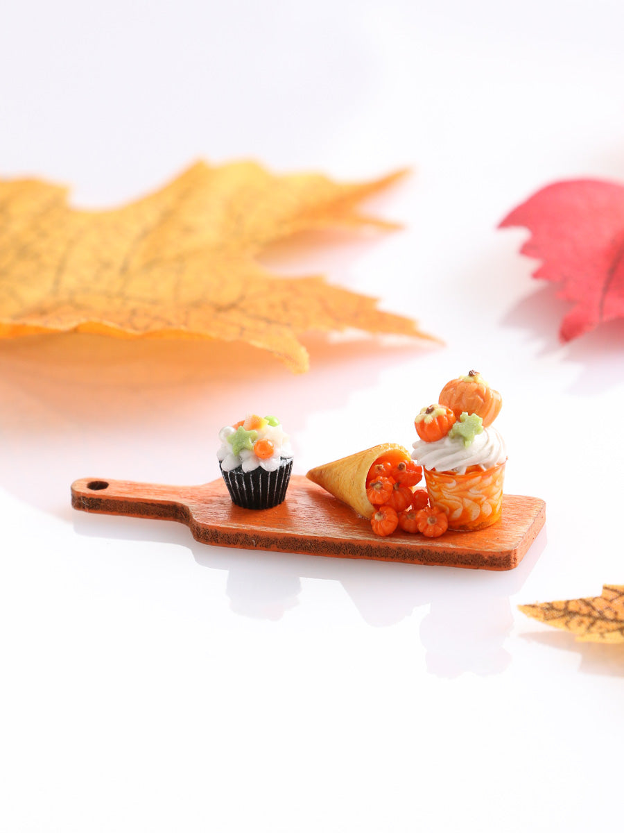 Halloween Cupcake (Glows), Cornucopia and Sundae on Orange Board - Handmade Miniature Food for 12th Scale Dollhouse