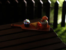 Load image into Gallery viewer, Halloween Cupcake (Glows), Cornucopia and Sundae on Orange Board - Handmade Miniature Food for 12th Scale Dollhouse