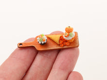 Load image into Gallery viewer, Halloween Cupcake (Glows), Cornucopia and Sundae on Orange Board - Handmade Miniature Food for 12th Scale Dollhouse