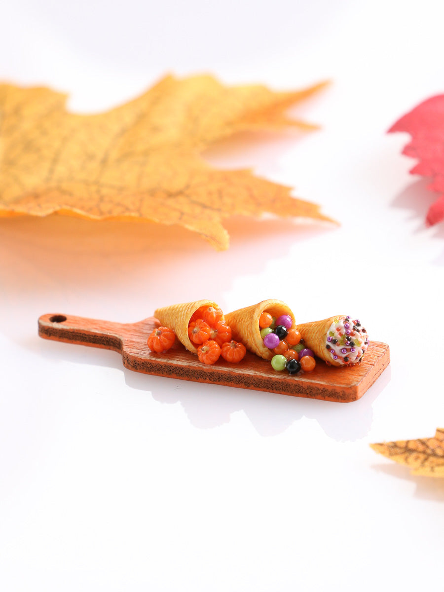 Halloween Cornucopia and Cream Horn on Orange Board - Handmade Miniature Food for 12th Scale Dollhouse