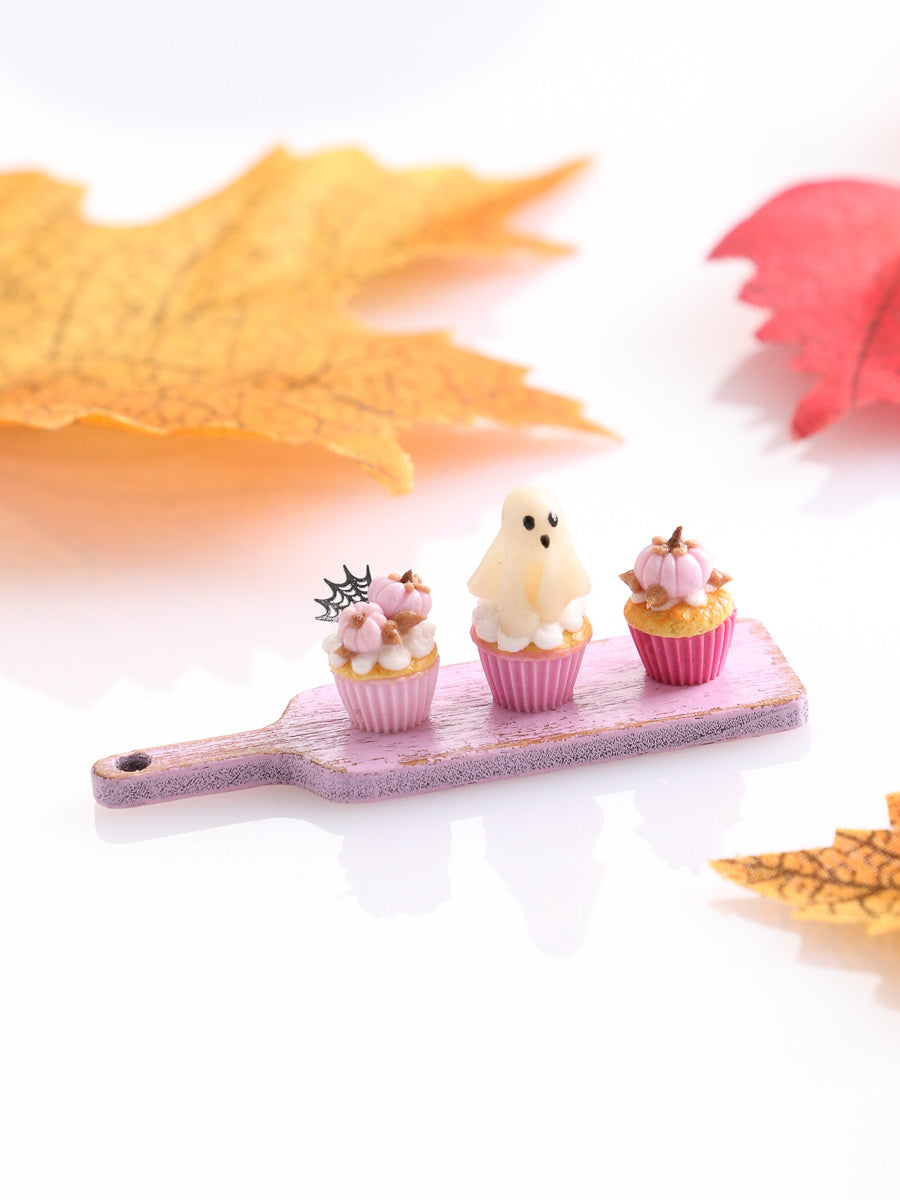 Three Pink Halloween Cupcakes (Glowing Ghost) on Pink Board - Handmade Miniature Food for 12th Scale Dollhous