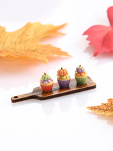 Load image into Gallery viewer, Autumn Colours Pumpkin Cupcakes on Wooden Board - Handmade Miniature Food for 12th Scale Dollhouse