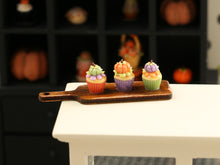 Load image into Gallery viewer, Autumn Colours Pumpkin Cupcakes on Wooden Board - Handmade Miniature Food for 12th Scale Dollhouse