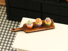 Load image into Gallery viewer, Autumn Colours Pumpkin Cupcakes on Wooden Board - Handmade Miniature Food for 12th Scale Dollhouse