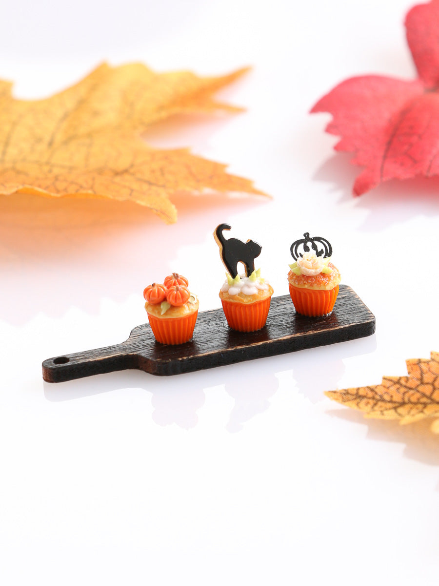 Pumpkin, Black Cat and Flower Cupcakes on Wooden Board - Handmade Miniature Food for 12th Scale Dollhouse