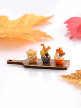 Load image into Gallery viewer, Autumn Cupcakes on Wooden Board - Leaf, Squirrel, Caramel Apple - Handmade Miniature Food for 12th Scale Dollhouse