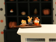 Load image into Gallery viewer, Autumn Cupcakes on Wooden Board - Leaf, Squirrel, Caramel Apple - Handmade Miniature Food for 12th Scale Dollhouse