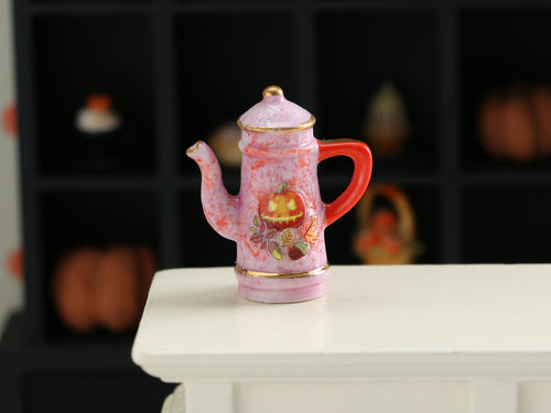 Decorative Pink and Gold Teapot with Jack O'Lantern and Acorns - Dollhouse Miniature for Halloween