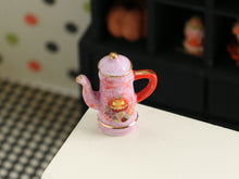 Load image into Gallery viewer, Decorative Pink and Gold Teapot with Jack O&#39;Lantern and Acorns - Dollhouse Miniature for Halloween