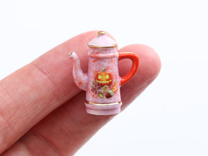 Decorative Pink and Gold Teapot with Jack O'Lantern and Acorns - Dollhouse Miniature for Halloween