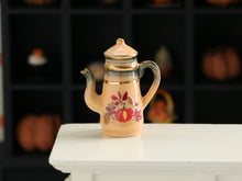 Load image into Gallery viewer, Decorative Orange and Gold Teapot with Pumpkin and Fall Leaves - Dollhouse Miniature for Halloween