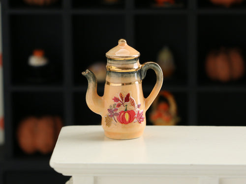 Decorative Orange and Gold Teapot with Pumpkin and Fall Leaves - Dollhouse Miniature for Halloween