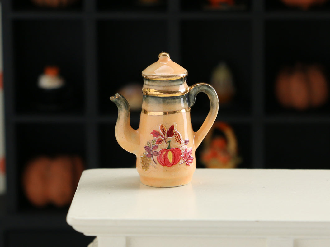 Decorative Orange and Gold Teapot with Pumpkin and Fall Leaves - Dollhouse Miniature for Halloween