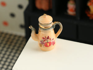 Decorative Orange and Gold Teapot with Pumpkin and Fall Leaves - Dollhouse Miniature for Halloween