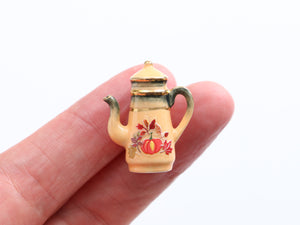 Decorative Orange and Gold Teapot with Pumpkin and Fall Leaves - Dollhouse Miniature for Halloween
