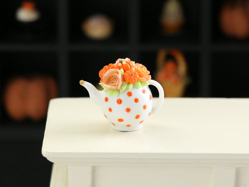 Orange Rose and Pumpkin Teapot - Handmade Dollhouse Miniature for Halloween and Autumn