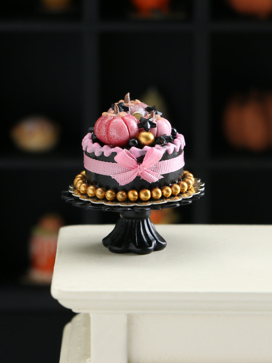 Pink, Black and Gold Halloween Cake - Dollhouse Miniature Food for Autumn