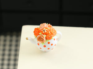 Orange Rose and Pumpkin Teapot - Handmade Dollhouse Miniature for Halloween and Autumn