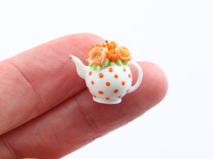 Orange Rose and Pumpkin Teapot - Handmade Dollhouse Miniature for Halloween and Autumn