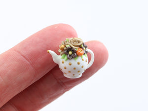 Bronze Floral Rose Teapot - Handmade Dollhouse Miniature for Halloween and Autumn