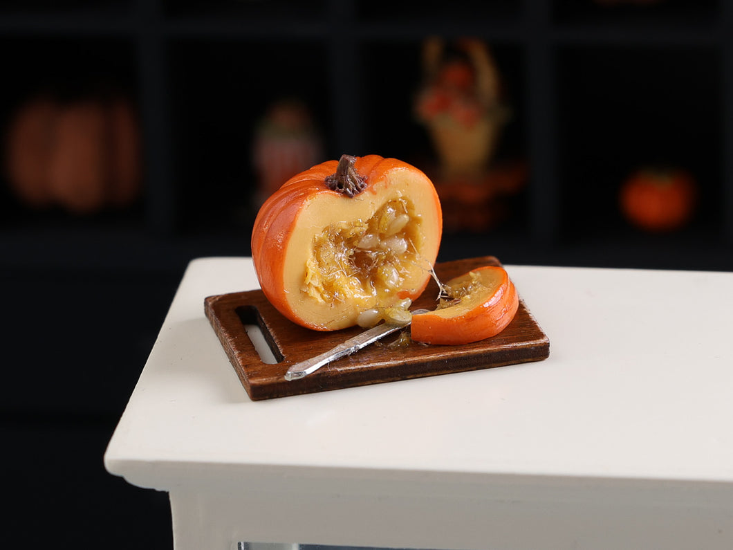 Hollowing Out Pumpkin with Slice - 12th Scale Handmade Dollhouse Miniature