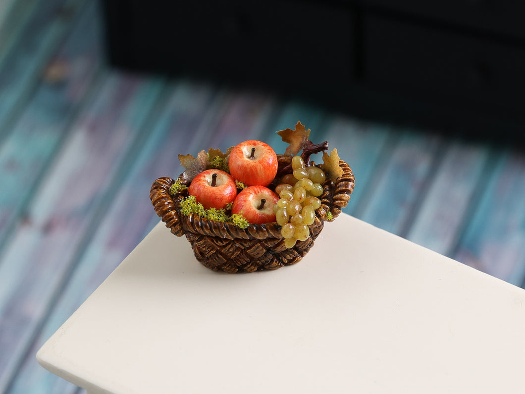 Autumn Apples and Grapes in Basket - 12th Scale Handmade Dollhouse Miniature