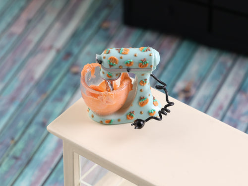 Miniature Pumpkin Mixer – 1:12 Scale Dollhouse Kitchen Appliance – Handmade Autumn Bakery Decor – Tiny Stand Mixer with Bowl