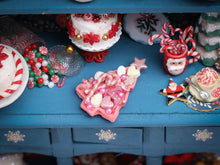Load image into Gallery viewer, Pink Festive Treats on Christmas Tree-shaped Tray - Handmade Miniature Food in 12th Scale